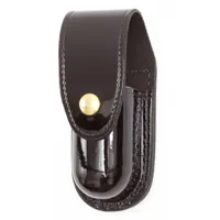 This aerosol pouch is constructed from high gloss synthetic polymer in black. It features a snap closure for secure retention of a pepper spray canister. Suitable for security and law enforcement personnel requiring quick access to defensive spray