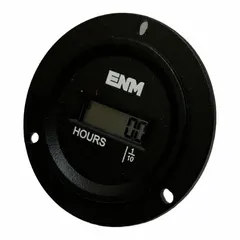 This digital hour meter from ENM features a round bezel and surface mounting style, designed for front panel installation. It operates over a wide voltage range of 5 V AC/DC to 250 V AC/DC and displays runtime on an LCD screen. Typical applications include tracking operating hours for maintenance scheduling and warranty validation in industrial machinery, generators, pumps, and HVAC systems.