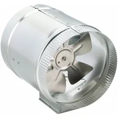 The TJERNLUND EF-8 is a single-speed inline duct fan for 8-inch ducts, delivering up to 325 cfm at 0.000 in SP. It operates on 120V AC, 1-phase, draws 18.6 W, and features a speed-controllable standard-efficiency motor. Constructed of galvanized steel with an external junction box for wiring. Suitable for boosting airflow in residential or light commercial HVAC systems.