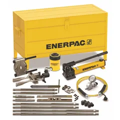 This ram puller set includes a bearing cup puller and a hand pump, with a 12 ton cylinder nominal capacity. It is used for industrial pulling applications such as removing bearings, gears, and pulleys in maintenance and repair tasks.