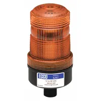 Amber LED vehicle flashing beacon with round shape, 4 7/8 in overall height, and pipe mount. Operates on 12-80V DC with blunt cut wires and includes mounting hardware. Provides 80 FPMx8 flash patterns and is SAE Class 3 rated for low-speed warning applications on service trucks, construction equipment, and industrial vehicles