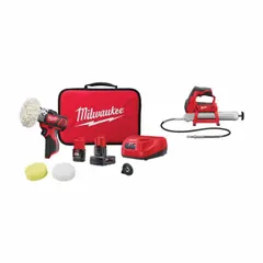 This 12V cordless combination kit includes an M12 grease gun and an M12 polisher, both powered by the shared M12 battery system. The grease gun is suited for lubrication tasks on machinery and equipment, while the polisher handles surface finishing. Battery included.