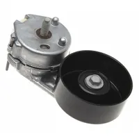 Self-adjusting belt tensioner for light-duty vehicle engines. Maintains proper tension on serpentine or accessory drive belts to prevent slippage and extend belt life. Features a single steel pulley in a steel housing
