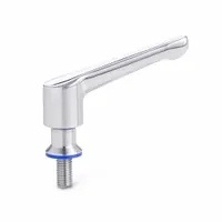 This hygienic adjustable tension lever features a threaded stud with M8x1.25 thread and 0.47 in thread length. The overall length is 87.4 mm. It is used for secure, tool-free clamping and repositioning in sanitary environments such as food processing and pharmaceutical applications