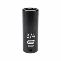 This 1/2" drive impact socket is SAE, 3/4" size, 6-point deep design. It is used for general-purpose impact applications such as automotive repair and industrial assembly where high-torque fastening and removal are needed