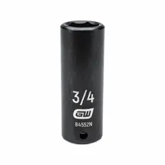 This 1/2" drive impact socket is SAE, 3/4" size, 6-point deep design. It is used for general-purpose impact applications such as automotive repair and industrial assembly where high-torque fastening and removal are needed.