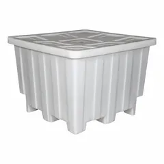 Rigid rectangular bulk container with solid base and lid, designed for food transport and bulk material handling. Measures 50 x 36 x 50 inches with 52.08 cu ft capacity. Features 4-way entry fork pockets for easy handling and is stackable for efficient storage.
