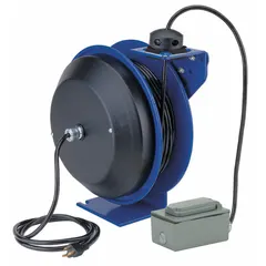 Self-retracting cord reel with ratchet lock mechanism for controlled extension and retraction. Includes 50 ft of 12 AWG SJO cord with a 5-20P feeder plug and a 5-20R retractable connector. Suitable for managing power cords in workshops, warehouses, and maintenance areas.