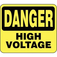 Yellow acrylic sign displaying a Danger High Voltage message. Measures 11 inches overall length by 14 inches overall width. Designed for use with sign holders to indicate electrical hazards in industrial or utility environments
