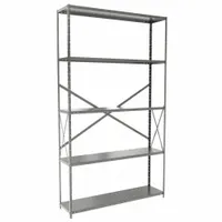 This HALLOWELL medium-duty standalone open metal shelving unit is constructed from steel with a gray finish. It measures 48 inches wide by 12 inches deep with an overall height of 84 inches and includes five shelves. The unit is supplied unassembled. Typical applications include storage of tools, parts, boxes, and supplies in warehouses, factories, and commercial facilities