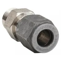 Stainless steel compression fitting from the Ferulok series, designed for flareless bite-type connections in tubing systems. Features a 7/16-20 thread size. Commonly used in hydraulic and pneumatic applications requiring leak-proof joints