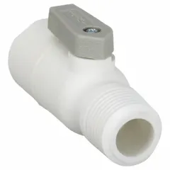 Straight, one-piece polypropylene ball valve with lever handle. Features push-to-connect and male NPT ends for quick installation. Suitable for on/off flow control in industrial fluid handling systems requiring corrosion resistance.
