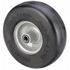 Flat-free polyurethane foam wheel with a 9 5/16-inch diameter and 1 3/4-inch width. Features a steel hub with a 4-inch hub length. Tire sidewall number 9x3.50-4. Suitable for hand trucks, carts, and dollies in industrial settings where a maintenance-free, non-pneumatic tire is required.