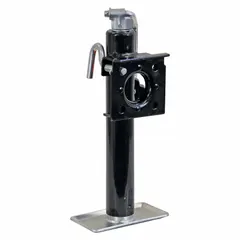 Topwind trailer jack with weld-on swivel bracket for direct attachment to trailer frames. The swivel bracket allows angular adjustment to accommodate uneven terrain. Suitable for use on industrial trailers, agricultural equipment, and material handling applications.