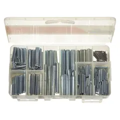 This 204-piece spring pin assortment includes 17 standard inch sizes, made from Grade 1074 steel with a zinc-plated finish. Used for fastening and alignment in industrial assemblies, such as machinery and equipment manufacturing, where temporary or permanent pinning is required.