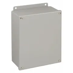 This WIEGMANN steel enclosure measures 10 in x 8 in x 4 in and is rated NEMA 12/13 for dust-tight and oil-tight protection. It features a solid cover secured with screws and no knockouts. Typical applications include housing electrical controls, instruments, and components in industrial environments where protection from dust, dirt, oil, and water seepage is required.