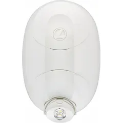 Plastic remote head for emergency or auxiliary lighting, wall-mountable with adjustable head. Operates on 5 to 30 V, uses 1 LED lamp at 1 W. White housing. Compatible with model TCLC.