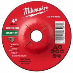 This MILWAUKEE Type 27 grinding wheel is designed for concrete and masonry applications. It features a 4-inch diameter, 1/4-inch thickness, and 5/8-inch arbor hole, with silicon carbide abrasive and 24 grit for effective material removal and surface smoothing on hard surfaces such as stone, brick, and concrete blocks.