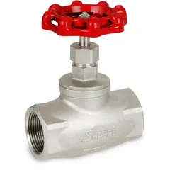 This SHARPE globe valve features a stainless steel straight-body design with 1 1/2 inch FNPT x FNPT female NPT connections. It has a rising stem and metal seat, suitable for throttling and shutoff in general-service piping systems handling steam, water, or non-corrosive fluids.