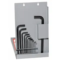 This 16-piece set of L-shaped hex keys features a single ball end for angled access up to 25 degrees, suited for confined-space fastener work. The keys have a black oxide finish and are designed for SAE hex socket fasteners in assembly, maintenance, and repair tasks.