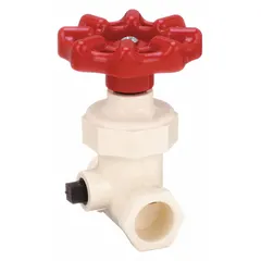 Socket x Socket CPVC stop and waste valve with ABS handle. Used in CPVC piping systems to shut off water flow and drain downstream lines for maintenance or freeze protection. Maximum operating pressure 100 psi.