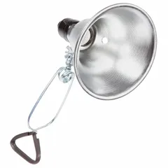 Corded clamp light for task lighting applications. Operates at 120V AC and requires a bulb (not included). Features a push-button switch and a 6 ft power cord. The clamp mount secures to workbenches, shelves, or other surfaces for directed illumination.
