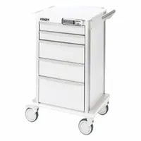 This medical procedure cart from MARKETLAB is constructed with an aluminum frame and features a white cabinet and drawer. It is equipped with two swivel casters and two swivel casters with brakes, providing mobility and stability for organizing and transporting supplies in clinical settings
