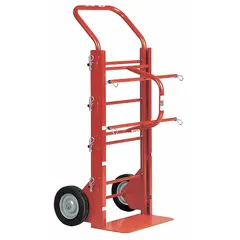 This 2-wheel tilt-style cart is designed for dispensing wire spools in industrial settings. It features a red finish and accommodates up to 4 spindles.