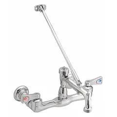 Wall-mounted widespread utility faucet constructed of brass with a chrome finish. Straight design with a 5 7/8-inch spout reach. Includes check valves. Suitable for service sinks in commercial or industrial settings.