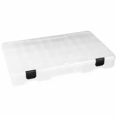 Clear plastic compartmented box with adjustable dividers for organizing small parts. Features two compartments, each 13-11/16 in x 1-11/16 in. Not electrostatic discharge conductive. Suitable for storage of hardware, fasteners, and similar small components in workshops or assembly areas.