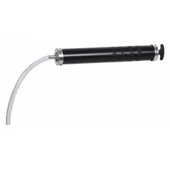 Suction gun with 24 oz capacity, black steel tube, and 12-inch flexible hose. Designed for transferring gear oils in machinery lubrication and gearbox servicing applications.