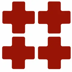 Solid red cross-shaped floor marking tape with no legend. Each piece measures 2 in x 5 in with an 8 mil thick polyester backing. Supplied in a 20-pack. Used to designate specific locations, hazards, safety zones, equipment placement, or restricted areas on industrial floors.