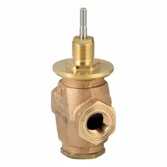 This 2-way globe valve features a bronze body, stainless steel stem, and brass seat. It has a 1/2 in female NPT connection, 1.8 CV flow coefficient, and is normally closed with stem-up-to-close action. Used for regulating water flow in hydronic heating and cooling systems.