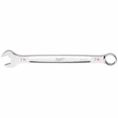 Steel chrome-finished combination wrench with 12-point SAE configuration. Standard-length design for general fastening tasks on hex nuts and bolts. Head size 1 1/4 in, overall length 16 7/8 in.