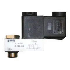 Air pilot valve for controlling compressed air flow in pneumatic systems. Operates on 120/110V AC for pilot actuation of directional control valves. Used in industrial automation, packaging, and material handling applications.