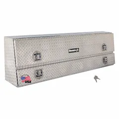 This dual flip-up drop-down door topside box provides secure, lockable storage for tools and equipment on a pickup truck. It features a double lid with T-handle and single point locking mechanism, operated with a keyed lock. Suitable for contractors and tradespeople requiring organized, weather-resistant access to gear on job sites.
