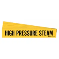 Yellow adhesive pipe marker with black legend reading 'High Pressure Steam' for identifying high-pressure steam lines. Designed for pipes with outer diameter of 8 inches and larger. Supplied in a 5-pack without directional arrows. Suitable for industrial piping systems requiring clear hazard identification