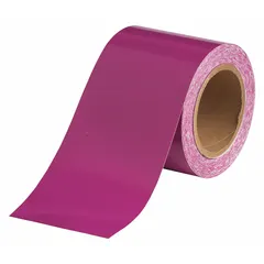 This vinyl banding tape is designed for industrial pipe identification and color-coding. It measures 4 inches wide by 90 feet long (1,080 inches total) and features a purple background. The non-reflective material is suitable for marking pipes to indicate contents or hazards.