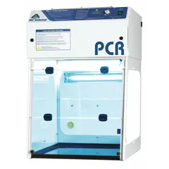 Fully assembled PCR enclosure with a white finish. Includes a blower, base/stand, and work surface. Overall dimensions: 24 in width, 35 in height, 27 in depth. Designed for laboratory use to provide a controlled environment for polymerase chain reaction procedures, helping to minimize airborne contamination.