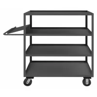 This utility cart features four lipped metal shelves for secure transport of parts and packages. It has a flat type design with two rigid casters equipped with phenolic wheels. Overall dimensions are 55 inches long, 31 inches wide, and 36 inches high. Suitable for order-picking and material transport in warehouses and industrial facilities