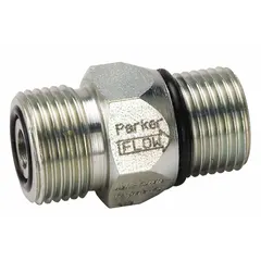 Steel-bodied check valve rated for 5,000 psi and 75 gpm. Inlet is 1 7/16 in SAE O-Ring Face Seal; outlet is SAE O-Ring Boss. Allows one-direction flow and prevents backflow in hydraulic systems.