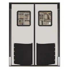This insulated swinging door set includes two gray polyethylene doors, each 7 ft wide by 8 ft high, with a polycarbonate window. It comes with door seals, bumpers, and mounting hardware, and meets USDA standards. Suitable for temperature-controlled environments such as food processing and cold storage facilities.