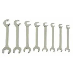 Chrome-finished carbon steel double-end open-end wrench set. Includes 8 tools with head sizes ranging from 7/32 in to 7/16 in. Used for tightening and loosening small fasteners in confined spaces such as ignition systems and carburetors.