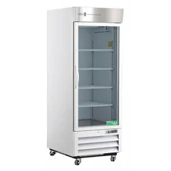 This 26 cu ft upright lab refrigerator maintains a temperature range of 1°C to 10°C for storage of temperature-sensitive samples, reagents, and media. It features a white swing glass door that opens to the right, a temperature alarm, and uses R-290 refrigerant. Overall depth is 36 1/2 inches.