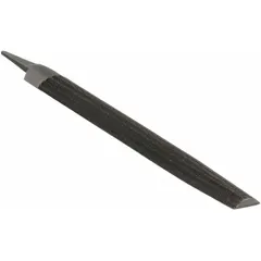 Double-cut half-round file with bastard cut and safe edge. Measures 14 inches length without tang, 1 3/8 inches width. Tapers toward point. Suitable for shaping and deburring metal, wood, and plastic on flat and curved surfaces.
