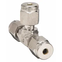 This PARKER compression tee fitting is made of stainless steel and features a double-ferrule design for leak-tight connections. It has three 1/8 in OD tube ends, suitable for creating branch connections in tubing systems. Compatible with Parker A-LOK fittings. Commonly used in instrumentation, hydraulic, and pneumatic applications.