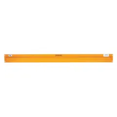 This steel toeboard is designed for side mounting on compatible scaffolding systems. It includes hinge pins for attachment and is finished in yellow. Used as a safety barrier on elevated platforms to help prevent tools and materials from falling.