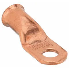 This straight copper lug is designed for terminating 2/0 ga wire to a 3/8 in stud. It supports both crimp and solder connection methods, suitable for heavy-duty electrical terminations in battery banks and power distribution systems.