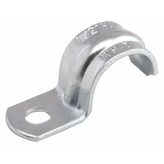 This steel surface mount clamp secures 2-1/2 in trade size EMT, IMC, or RMC conduit to walls or structures. It features a zinc-plated finish for corrosion resistance and snap-on mounting for quick installation. Dimensions: 4-31/32 in length, 3 in height, 1-1/4 in width. cULus listed.