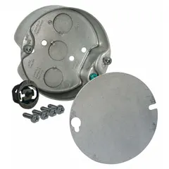 Round steel ceiling electrical box for 2-gang installations. 1-1/2 in depth with NM-B cable clamp for securing non-metallic sheathed cable. Suitable for housing wiring connections and supporting fixtures in ceiling applications.